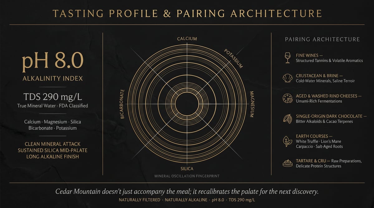 Wine tasting profile chart for Cedar Mountain showing pH 8.0 alkalinity with circular flavor wheel and pairing architecture recommendations