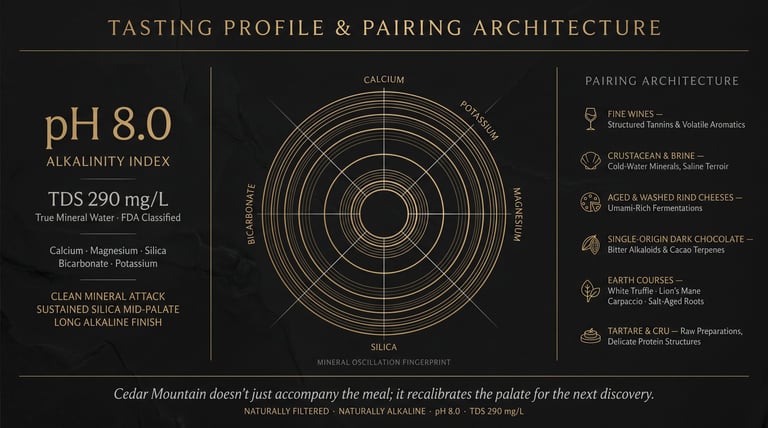 Wine tasting profile chart for Cedar Mountain showing pH 8.0 alkalinity with circular flavor wheel and pairing architecture recommendations