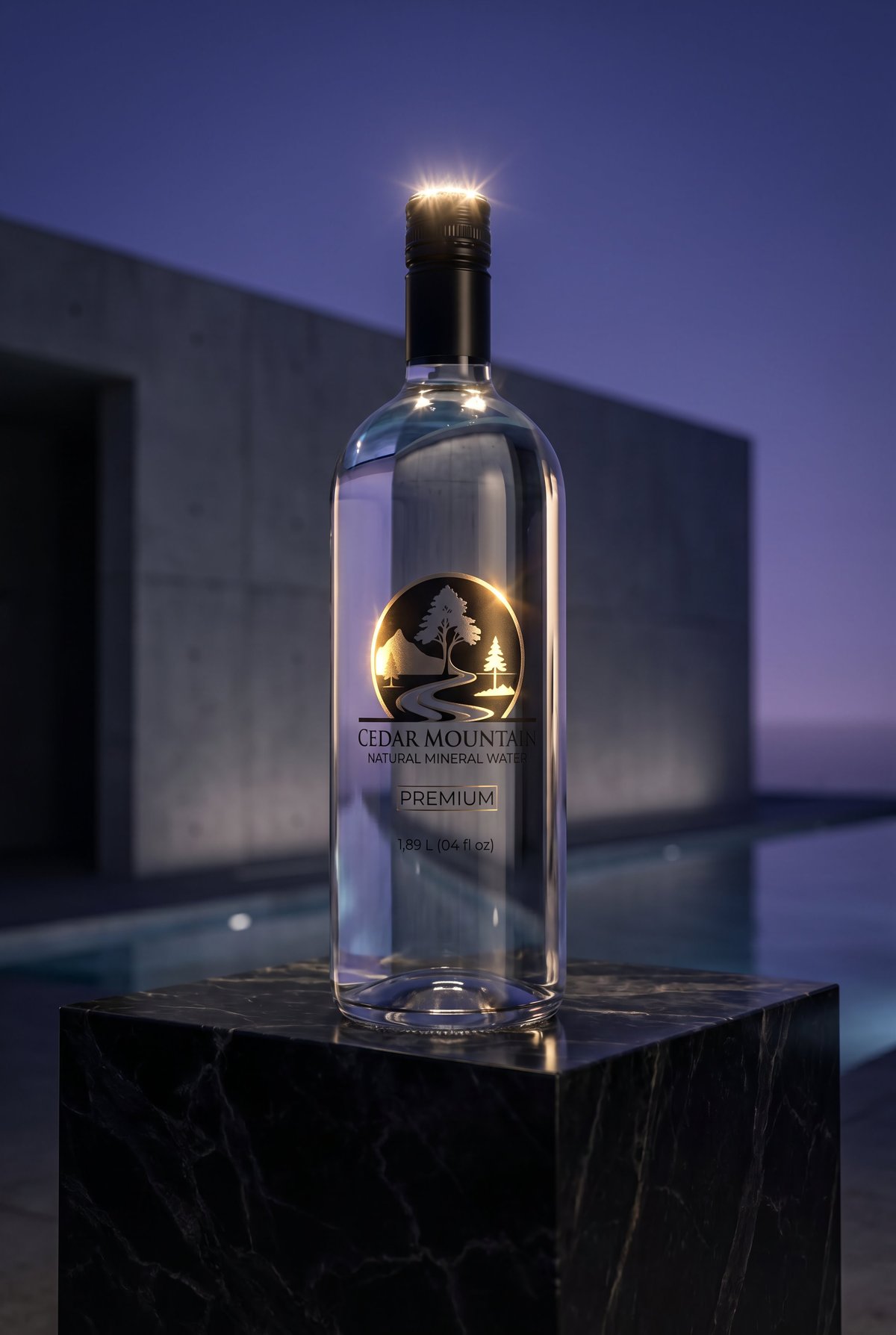 Cedar Mountain Premium natural mineral water bottle on black marble pedestal with glowing label