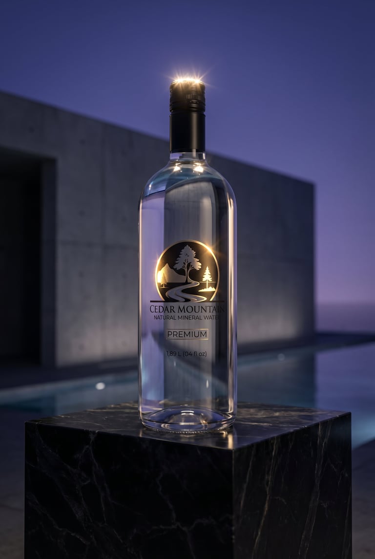 Cedar Mountain 1.89L Grand Format natural mineral water bottle on black marble pedestal with illuminated label