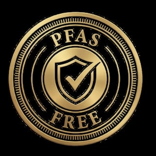 Gold circular badge with PFAS FREE text and checkmark shield icon on black background