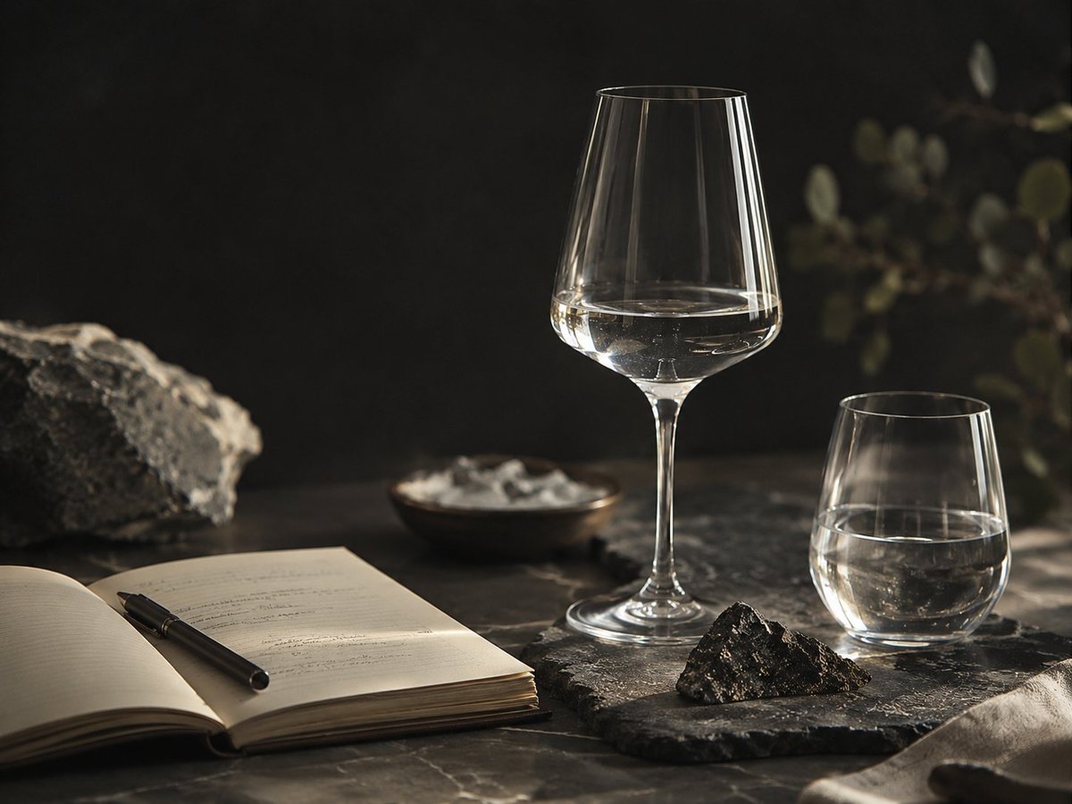 Open notebook with pen beside two empty wine glasses on dark textured surface with stones