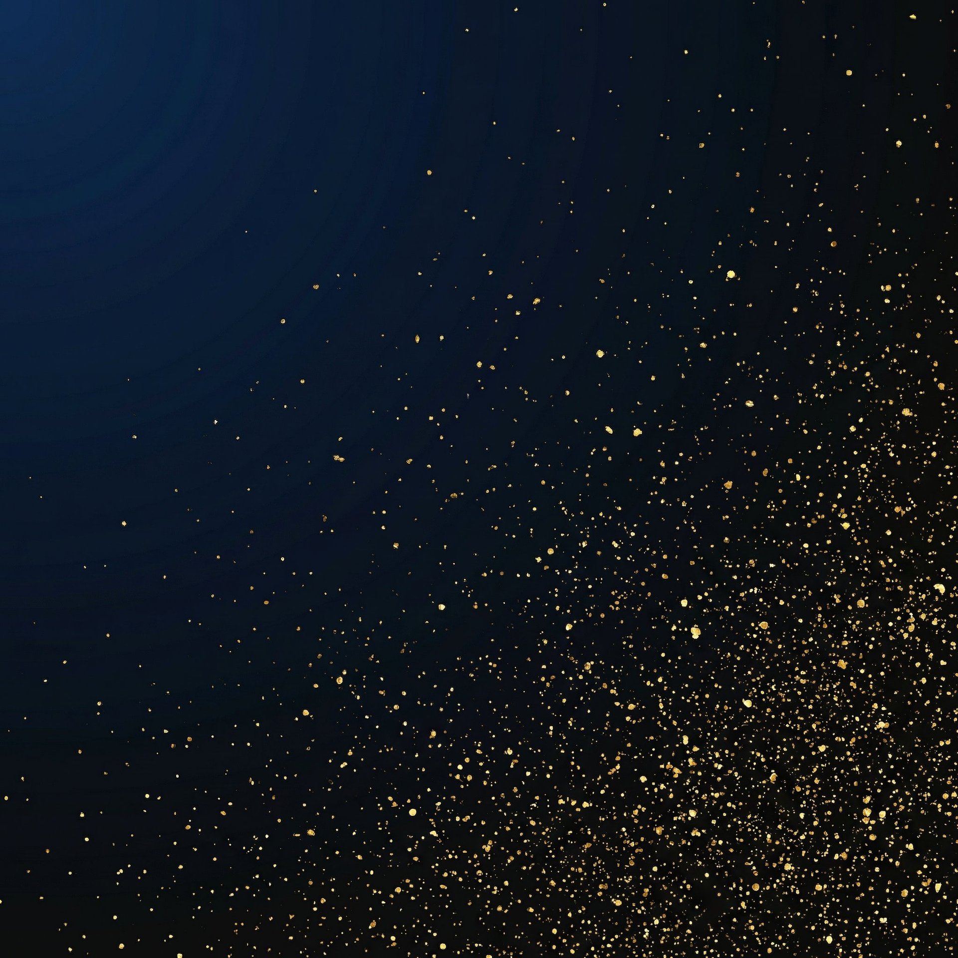 Gradient background transitioning from dark blue to black with scattered gold and white sparkles concentrated on the right side