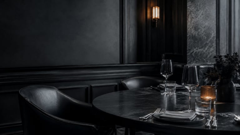 Elegant dining table setup in a dark, sophisticated interior with glassware, cutlery, and soft lighting accents.