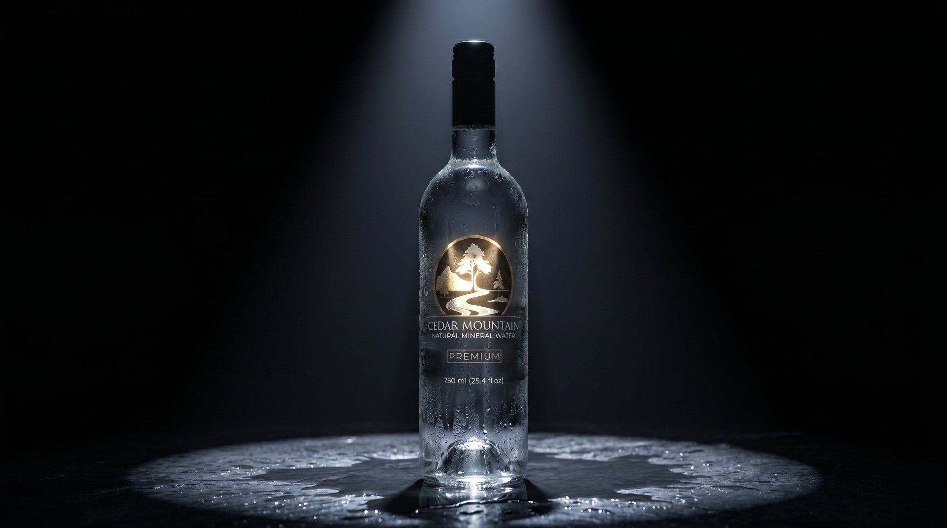 Clear vodka bottle with black label on wet surface against dark background with dramatic spotlight lighting