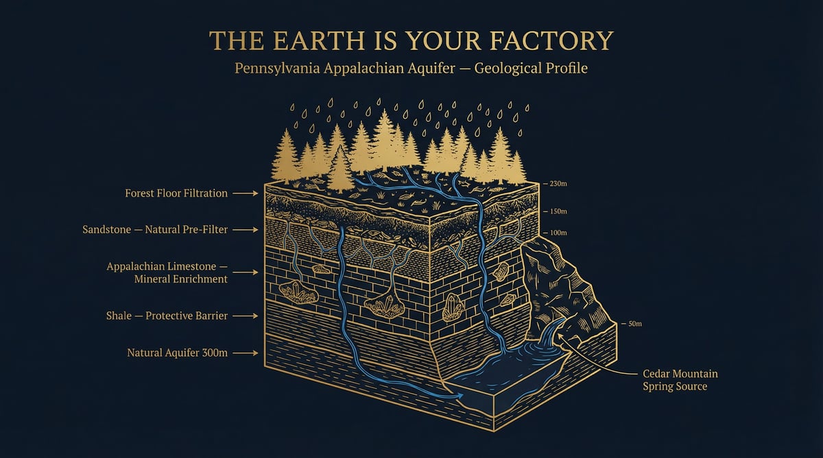 Diagram showing the Pennsylvania Appalachian Aquifer geological profile with labeled layers including forest, soil, limestone, and water sources