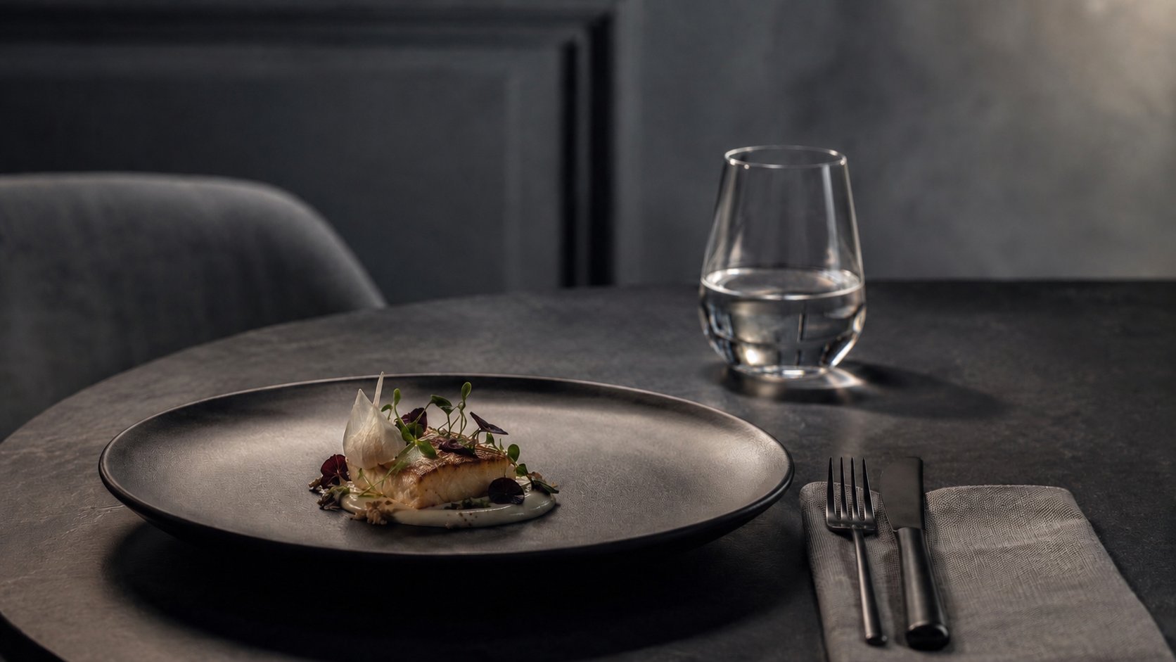 Fine dining plate with small gourmet dish on dark table with glass of water and utensils