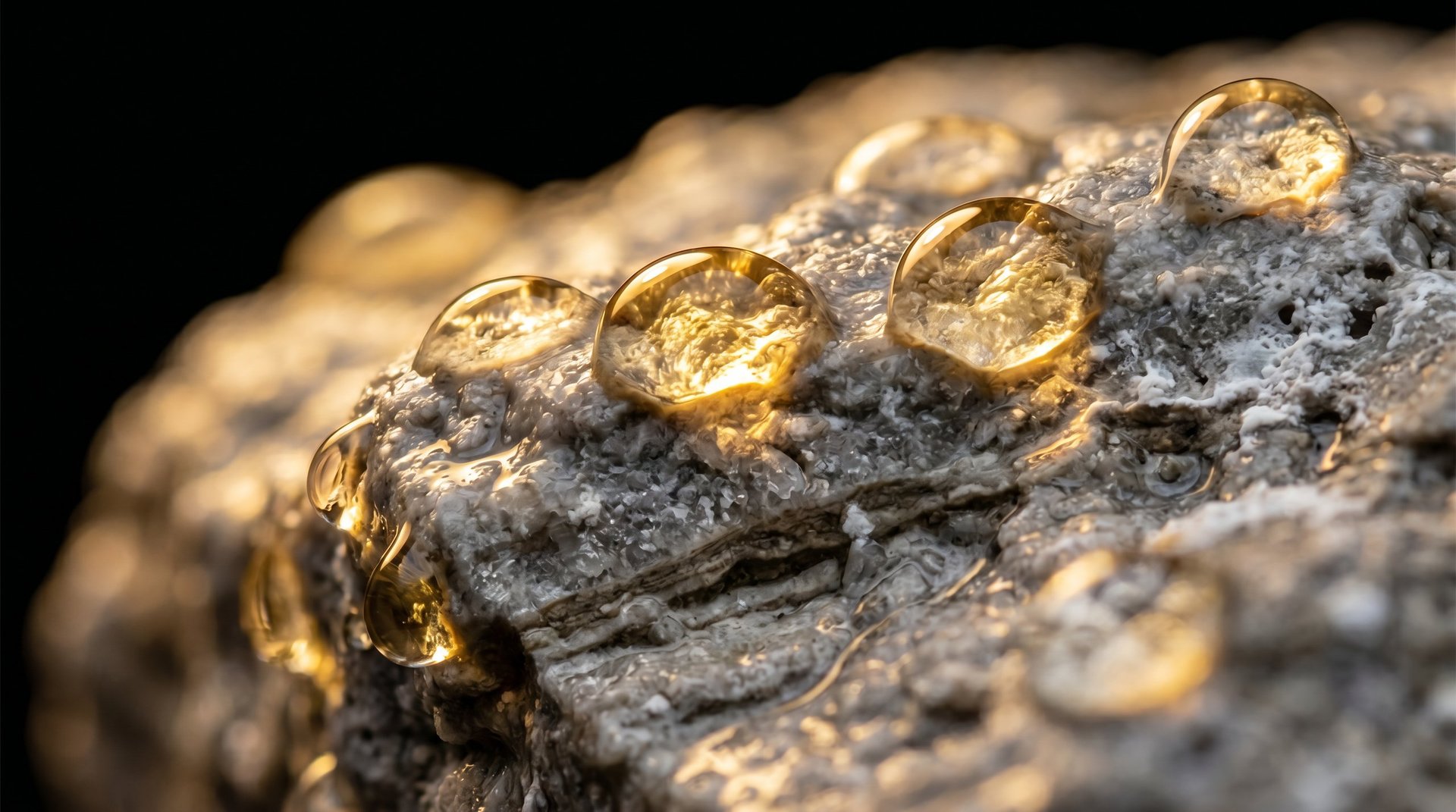 Golden water droplets clustered on a textured gray rock surface against a dark background