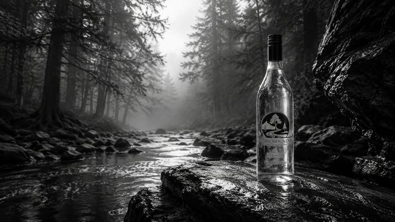 A glass bottle of Cedar Mountain mineral water stands on a rock in a misty forest stream, with tall trees and flowing water in a black and white landscape.