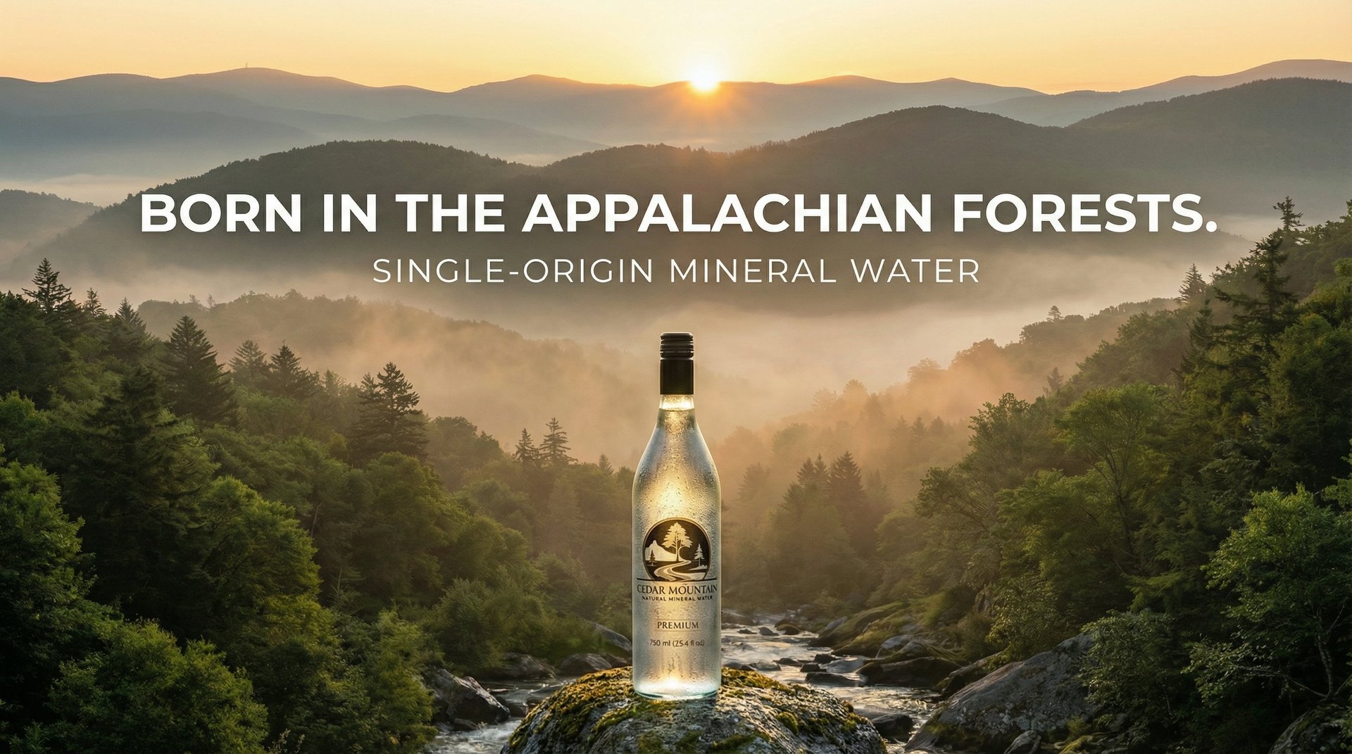 Bottle of single-origin mineral water positioned on a rock overlooking misty Appalachian forest at sunrise with mountains in the background