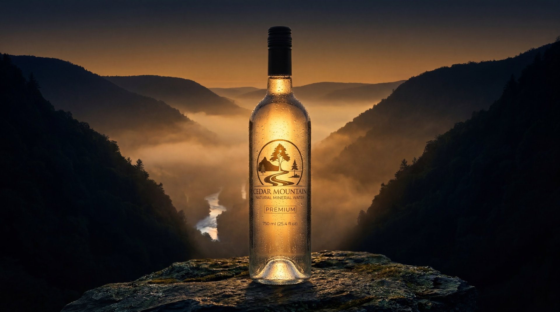 Golden wine bottle illuminated against a misty mountain valley at sunset, positioned on a rocky outcrop