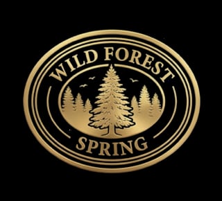 Gold oval logo for Wild Forest Spring featuring a tall pine tree surrounded by smaller trees and flying birds on black background
