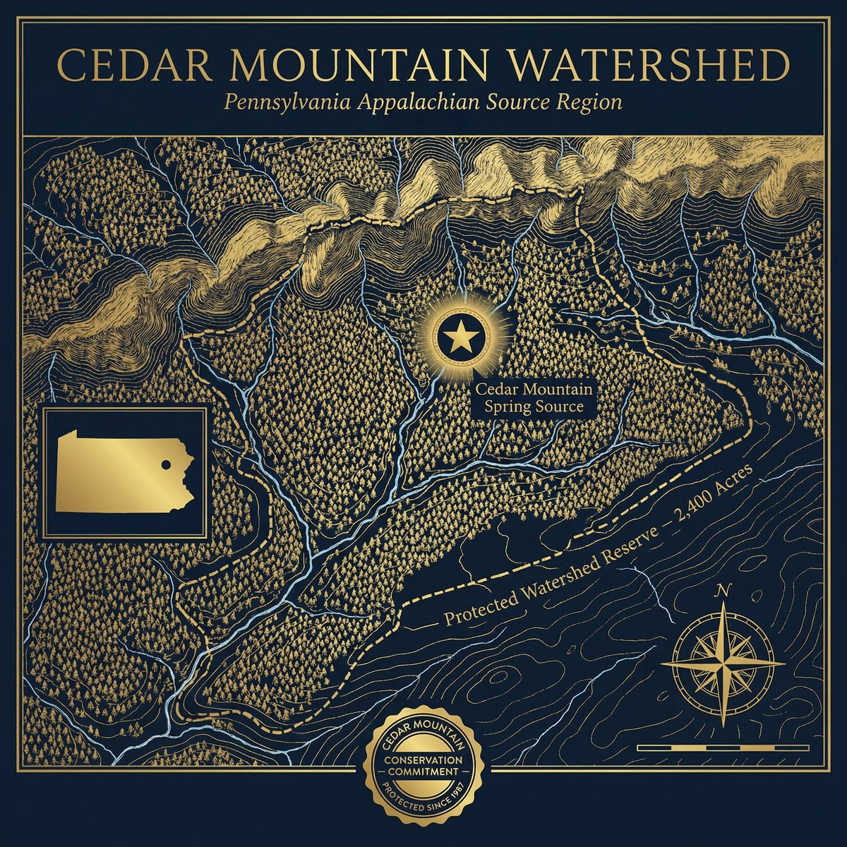 Cedar Mountain Watershed map of Pennsylvania Appalachian source region with spring source marker and protected waterhed reserve