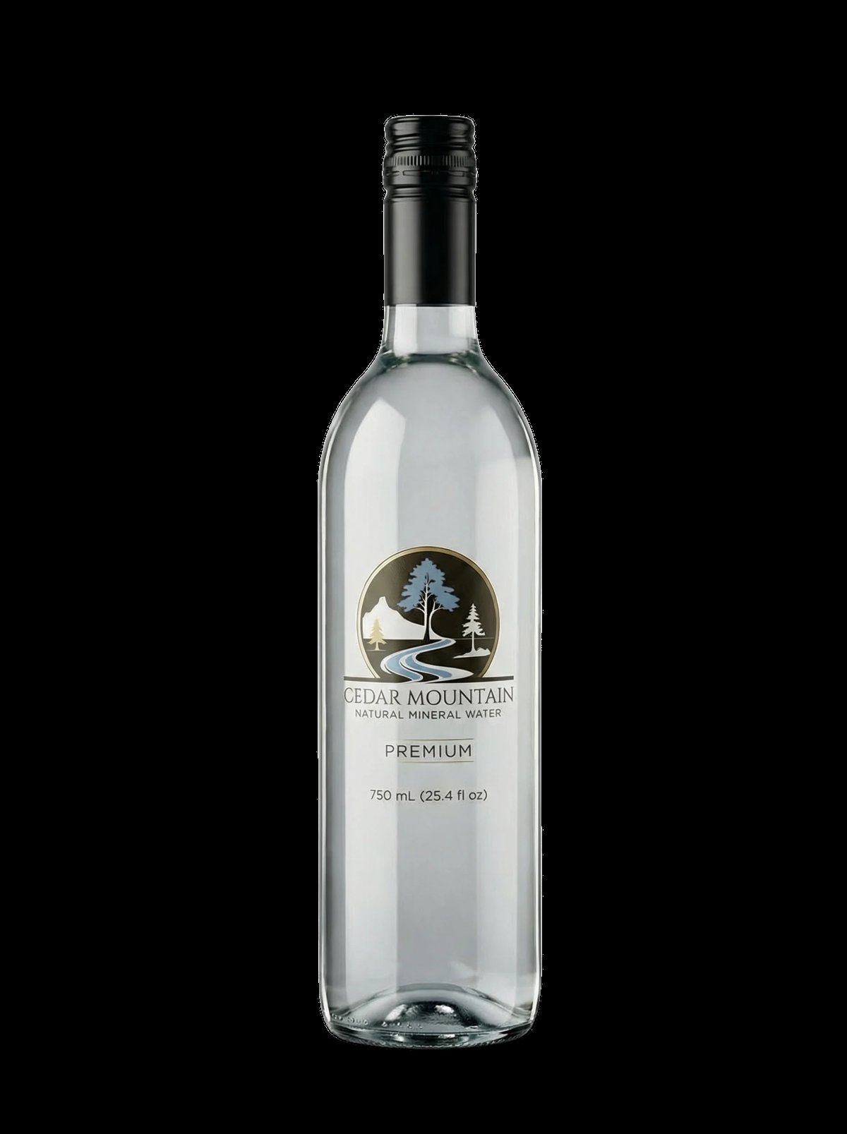 Clear glass bottle of Cedar Mountain Premium natural mineral water with black cap, 750 ml size, labeled with tree logo on white label against black background
