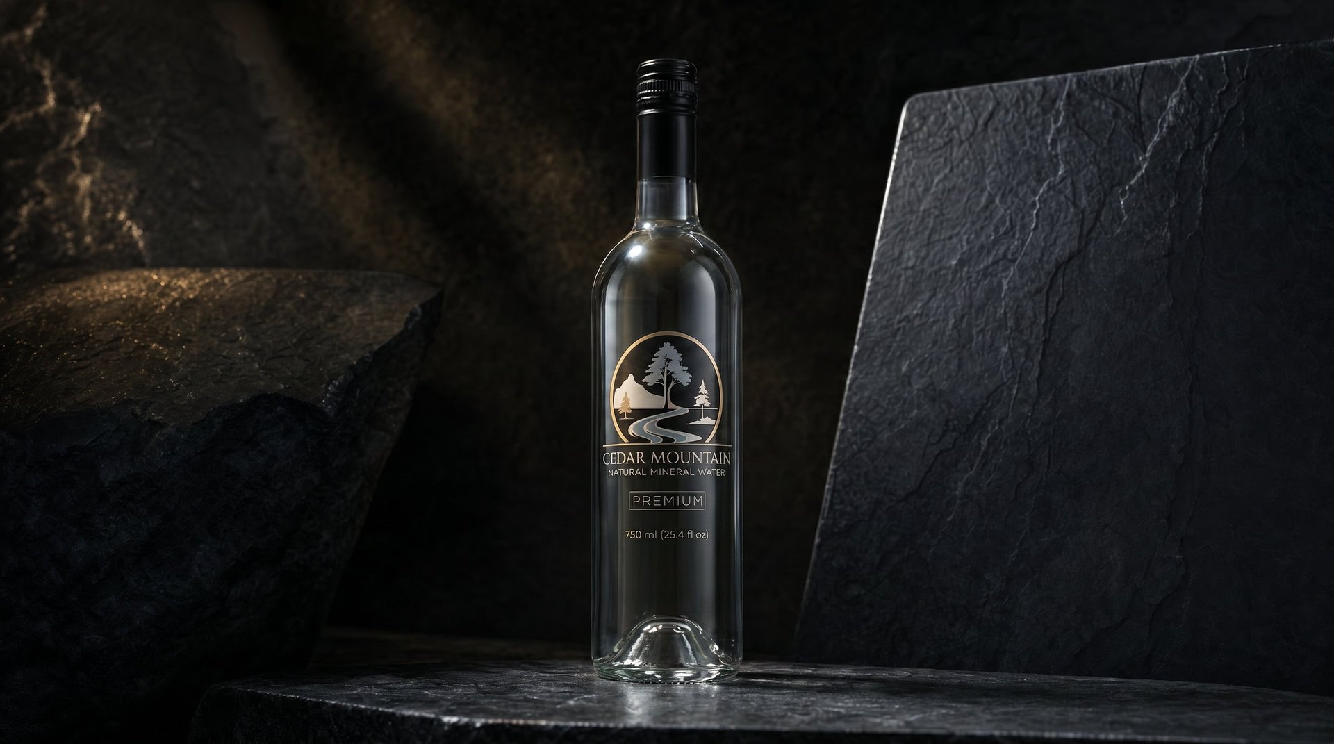 A dark wine bottle with ornate label centered on slate surface against black textured background