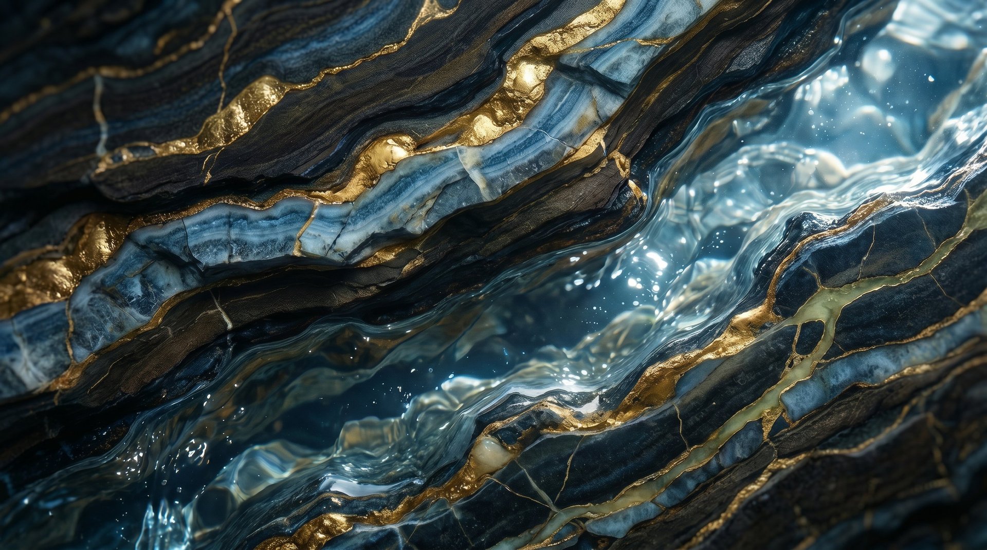 Close-up of layered dark stone or marble with gold and blue veining in flowing, organic patterns