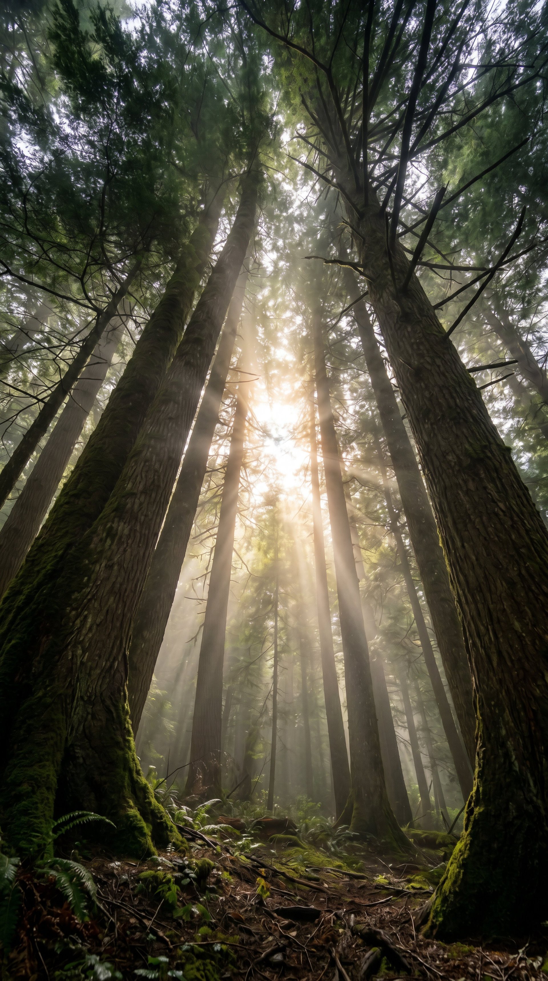 Tall trees in misty forest with sunlight streaming through canopy and moss-covered ground