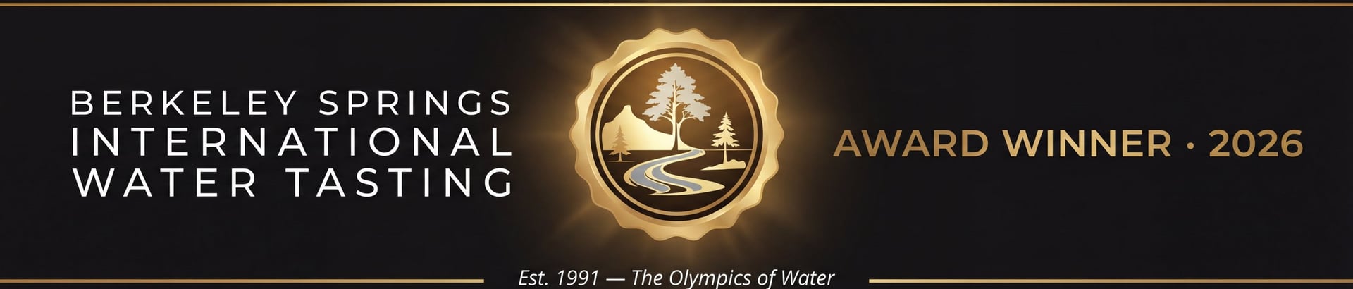 Berkeley Springs International Water Tasting 2026 Award Winner logo with gold seal emblem on dark background