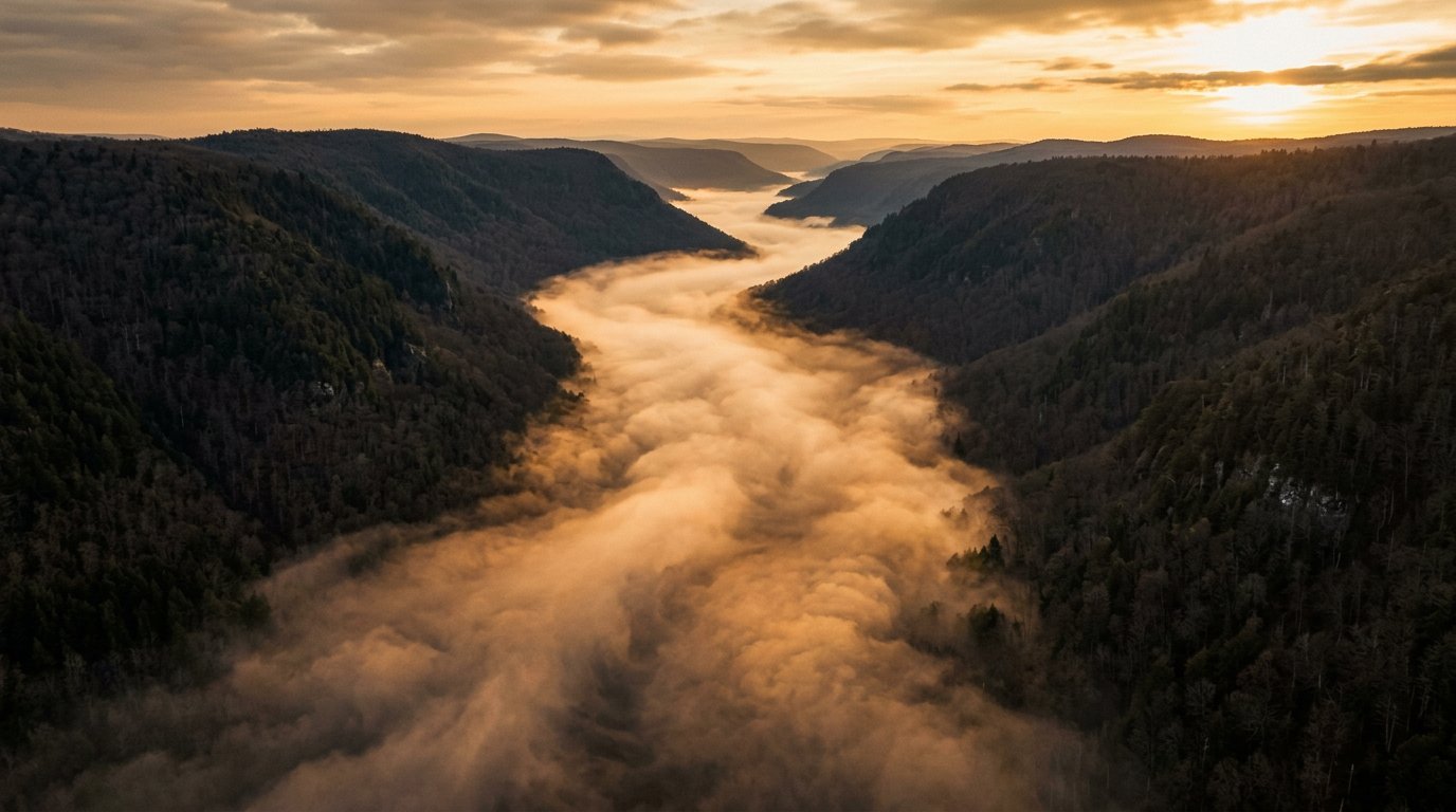 Sunrise over a forested river valley filled with golden mist, flanked by densely wooded mountains