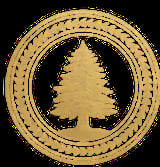 Gold circular emblem with a silhouette of an evergreen tree in the center on black background
