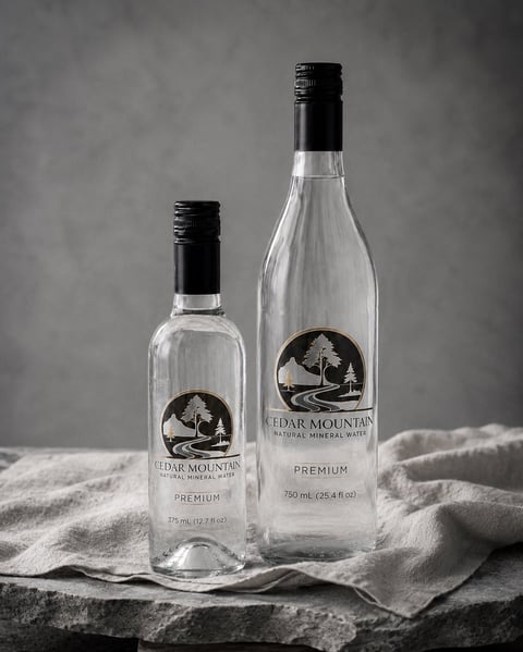 Two clear glass bottles of Cedar Mountain Premium mineral water in different sizes on a stone surface with fabric