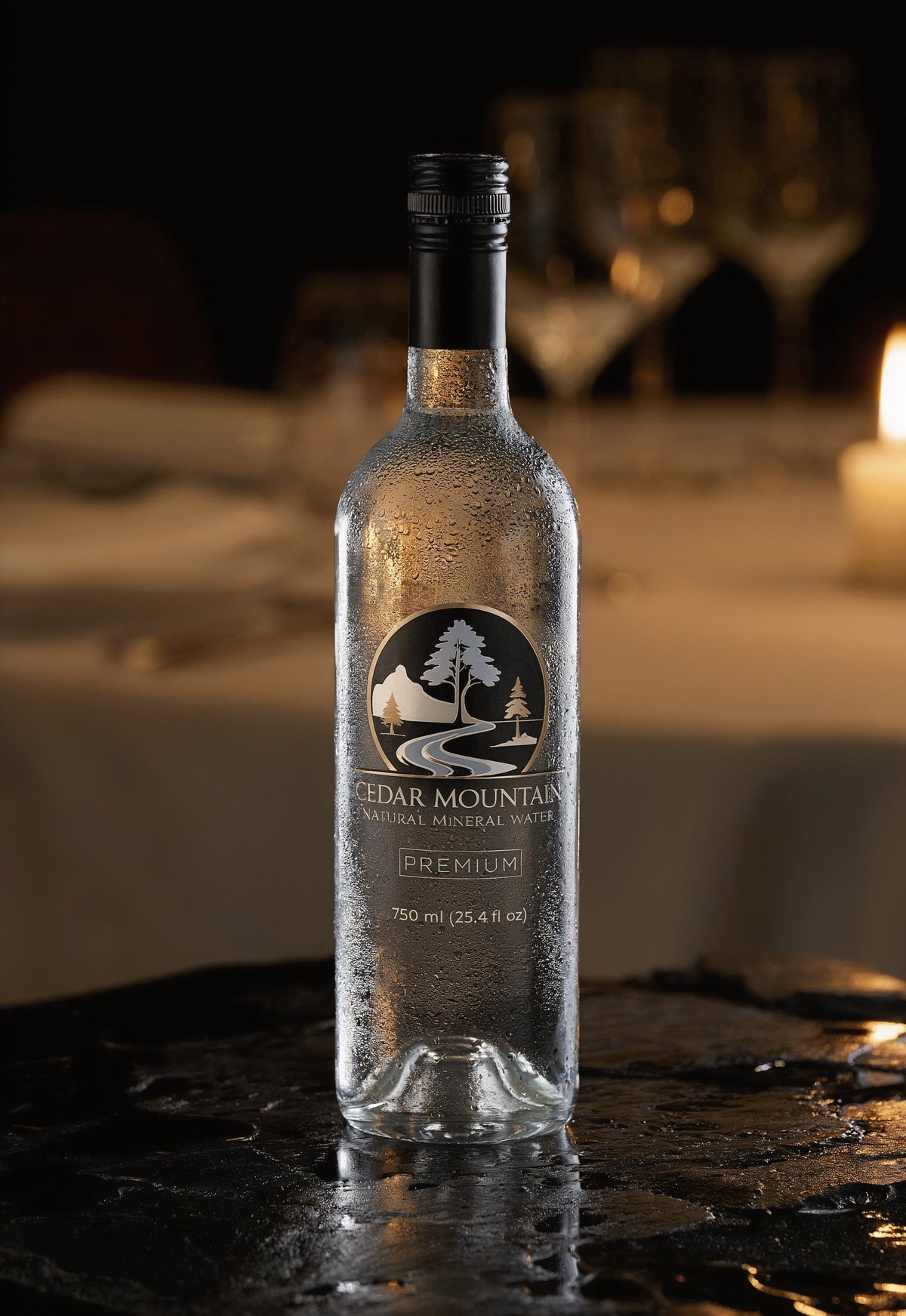 Chilled bottle of Cedar Mountain Premium natural mineral water with condensation displayed on a dark surface