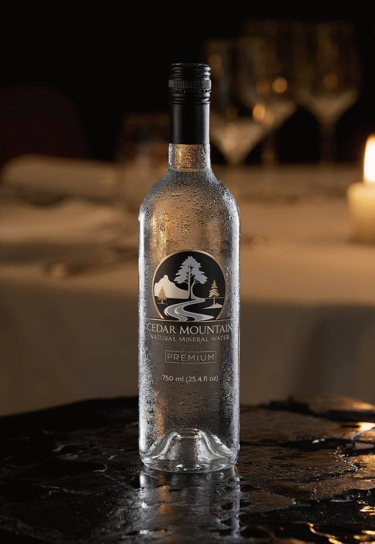 Chilled 750ml Cedar Mountain natural mineral water bottle with condensation on a dark surface — the definitive dining format