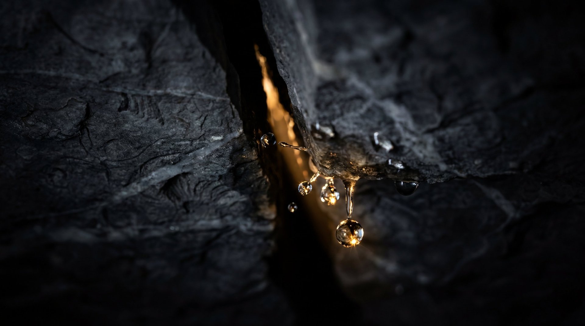 Golden liquid flowing through dark cracked stone surface in close-up view