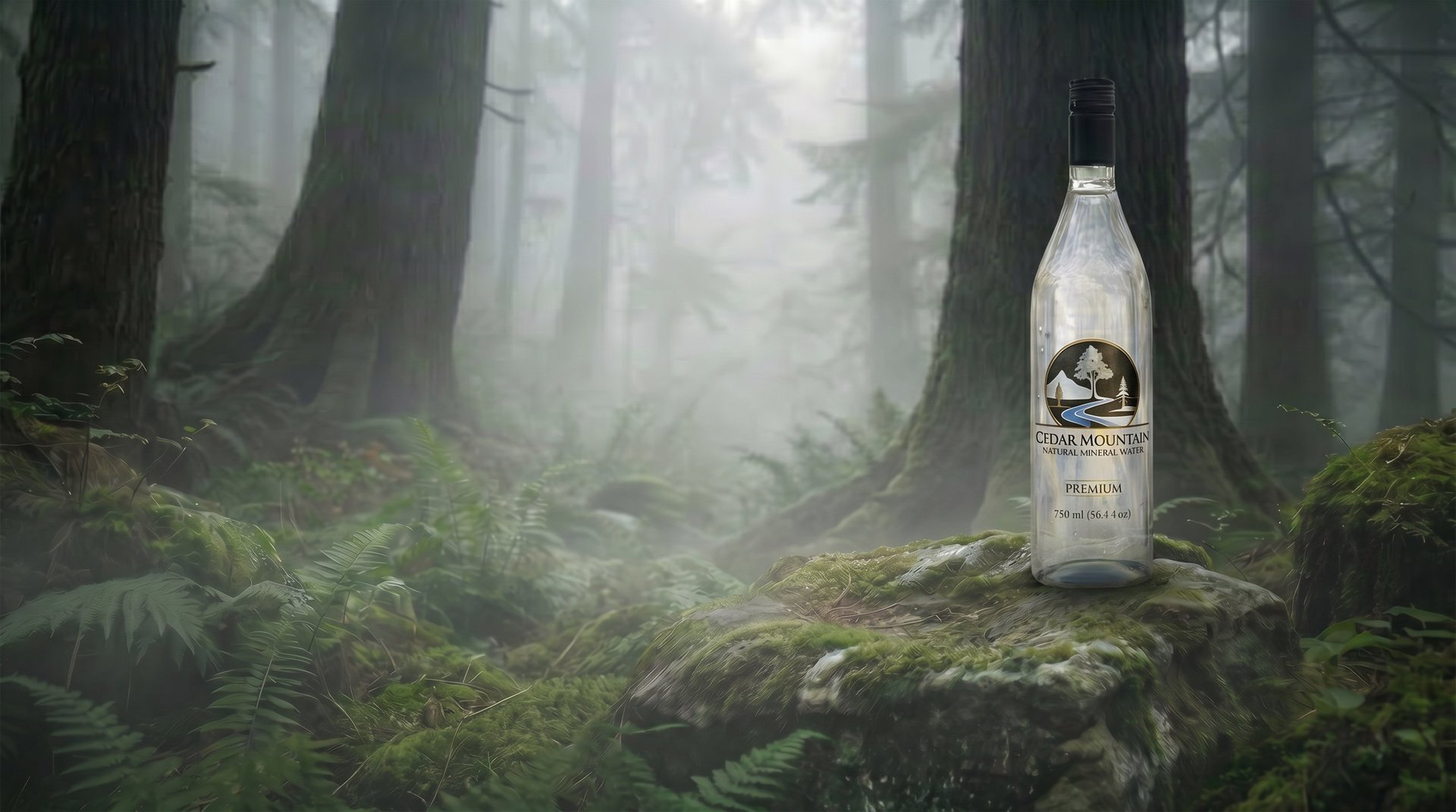 Glass bottle of spring water on a moss-covered rock in a misty forest with tall trees and ferns