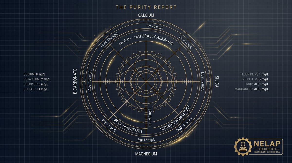 The Purity Report showing a circular radar chart with concentric rings displaying mineral composition data for calcium, magnesium, and other elements on a dark technical grid background with NELAP certification logo.