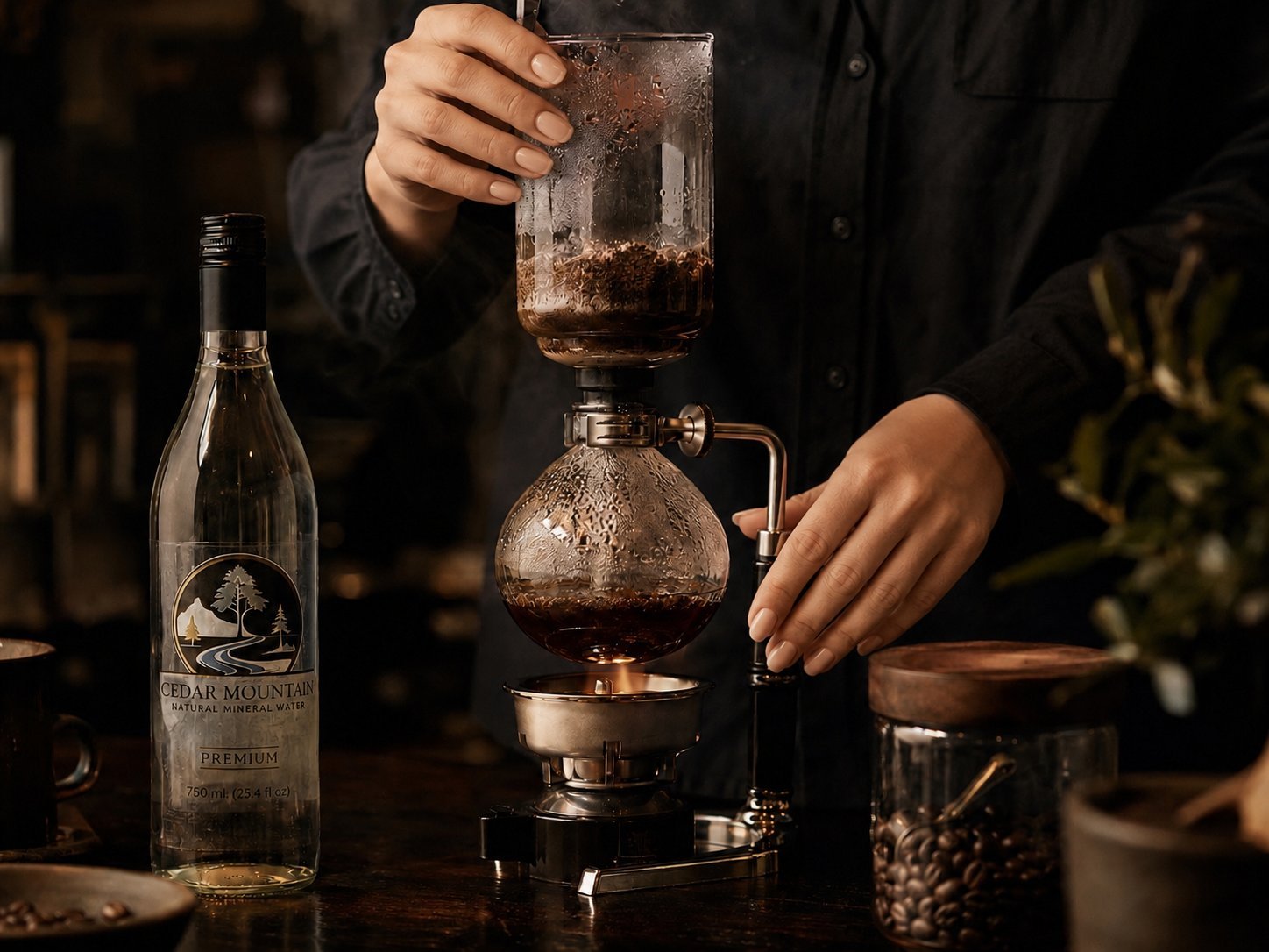 Person pouring brewed coffee from a glass carafe into a cup using a siphon coffee maker, with a Cedar Mountain bottle on the side