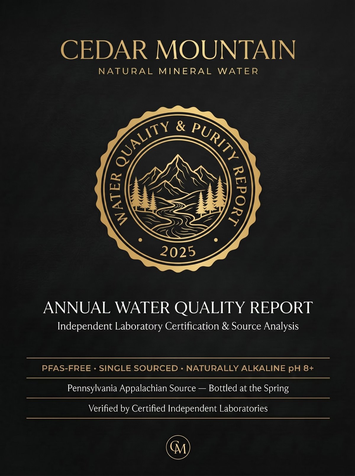 Cedar Mountain Natural Mineral Water 2025 Annual Water Quality Report cover with gold seal badge on dark background