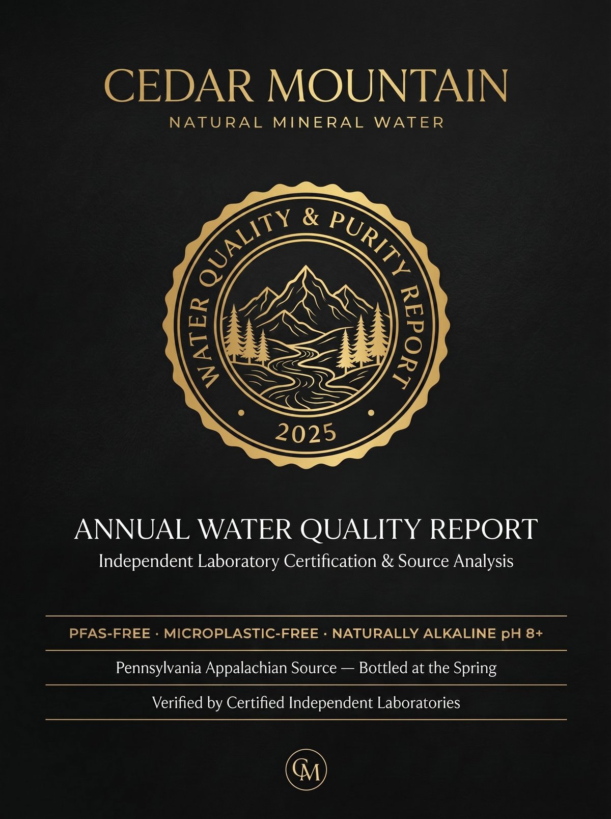 Cedar Mountain Natural Mineral Water 2025 Annual Water Quality Report with mountain and stream logo seal