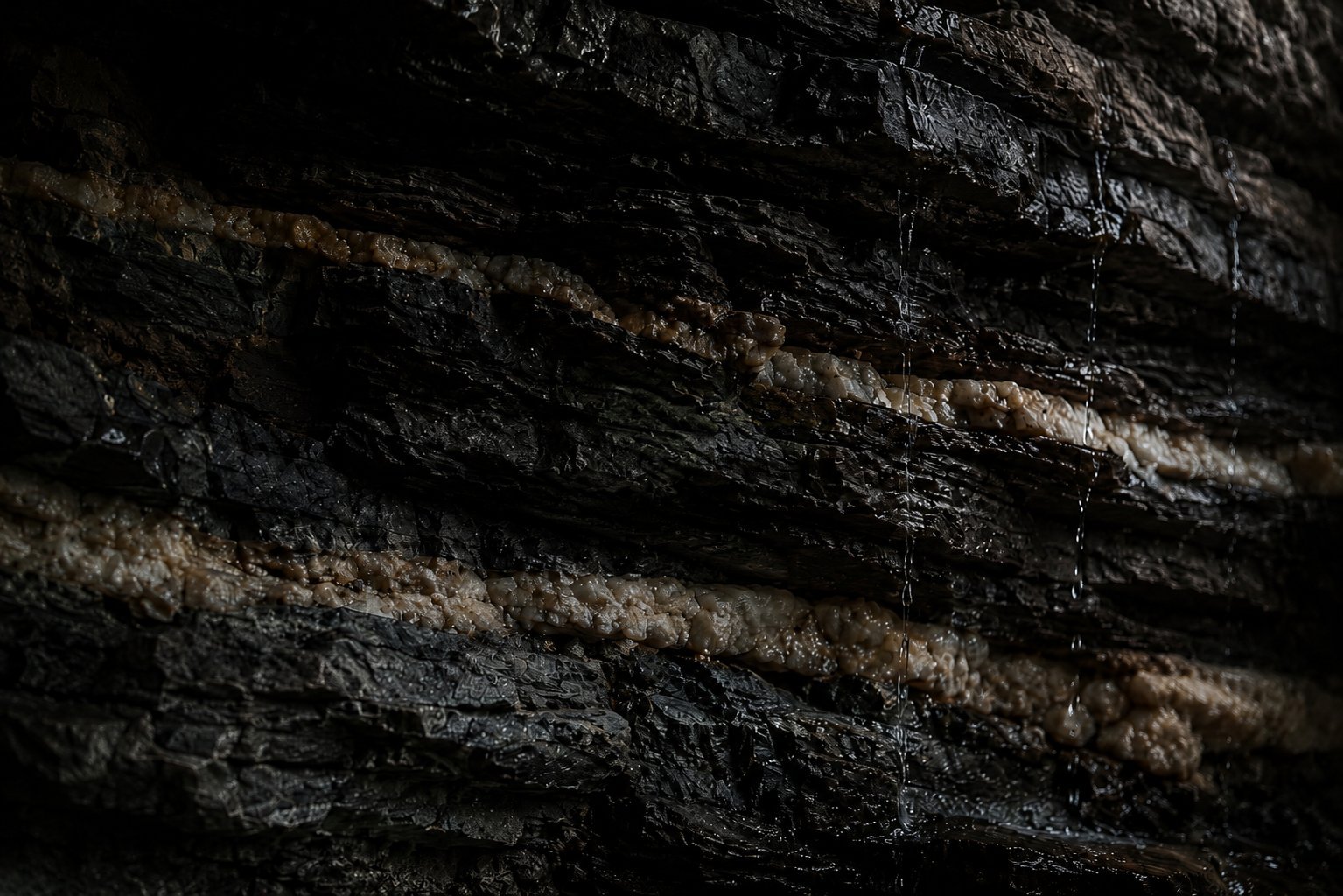 Close-up of dark, textured rock surface with natural striations and bands of black and gray stone
