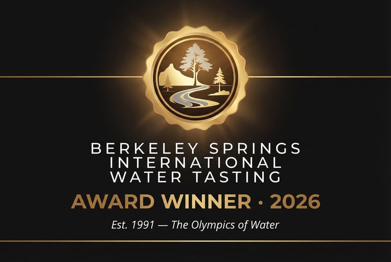 Berkeley Springs International Water Tasting Award Winner 2026 logo with golden emblem and forest stream design