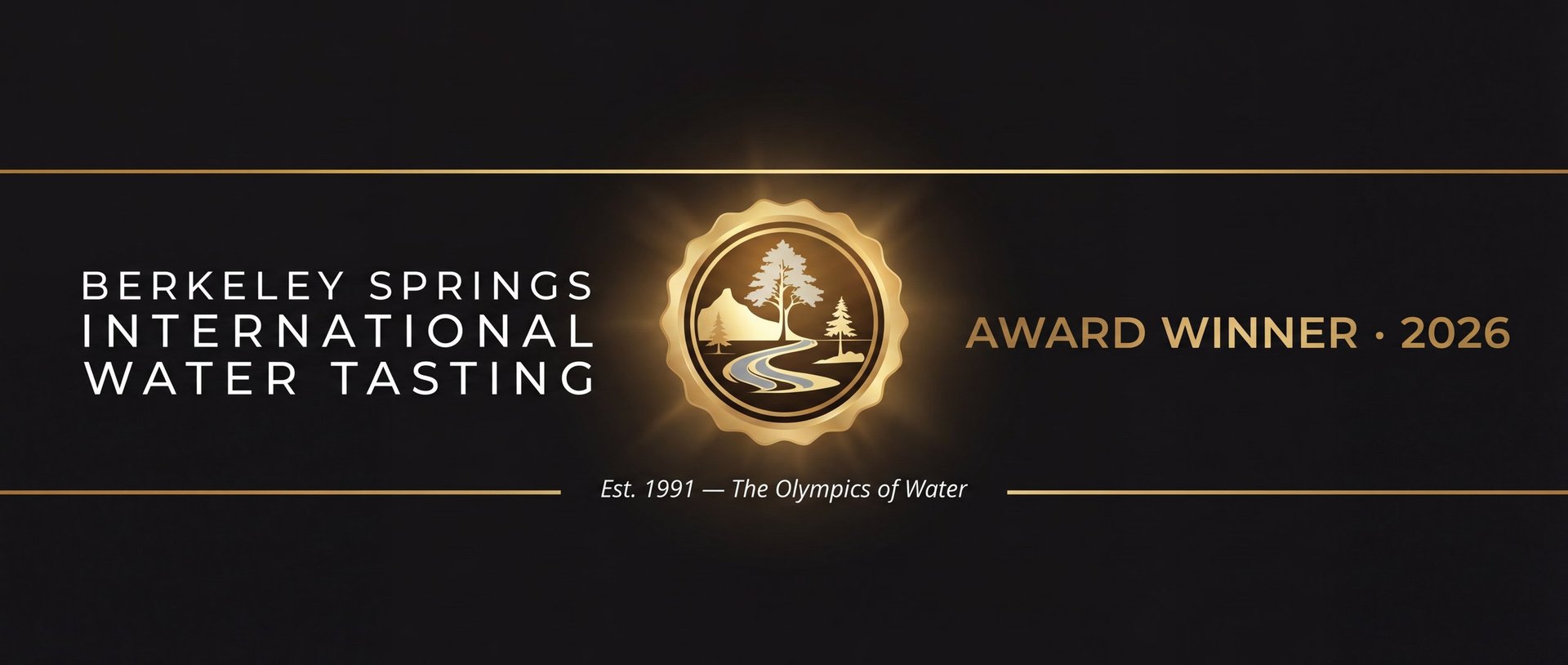 Berkeley Springs International Water Tasting Award Winner 2026 logo with gold medallion on dark background