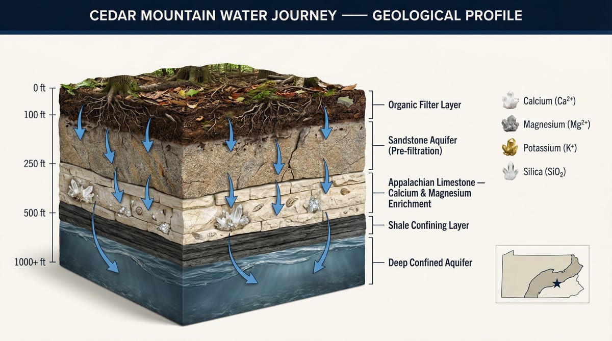 Cross-section diagram of Cedar Mountain water journey showing geological layers including organic filler, sandstone aquifer, limestone, shale confining layer, and deep confined aquifer with mineral content indicators