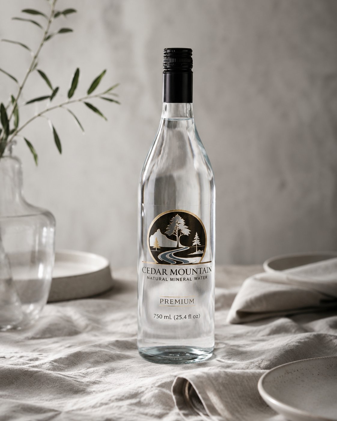 Bottle of Cedar Mountain Premium natural mineral water on a dining table with place settings and a vase of greenery