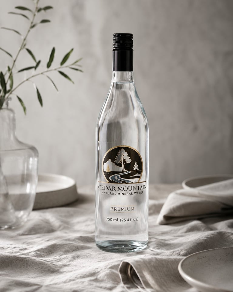 Bottle of Cedar Mountain Premium natural mineral water on a dining table with place settings and a vase of greenery