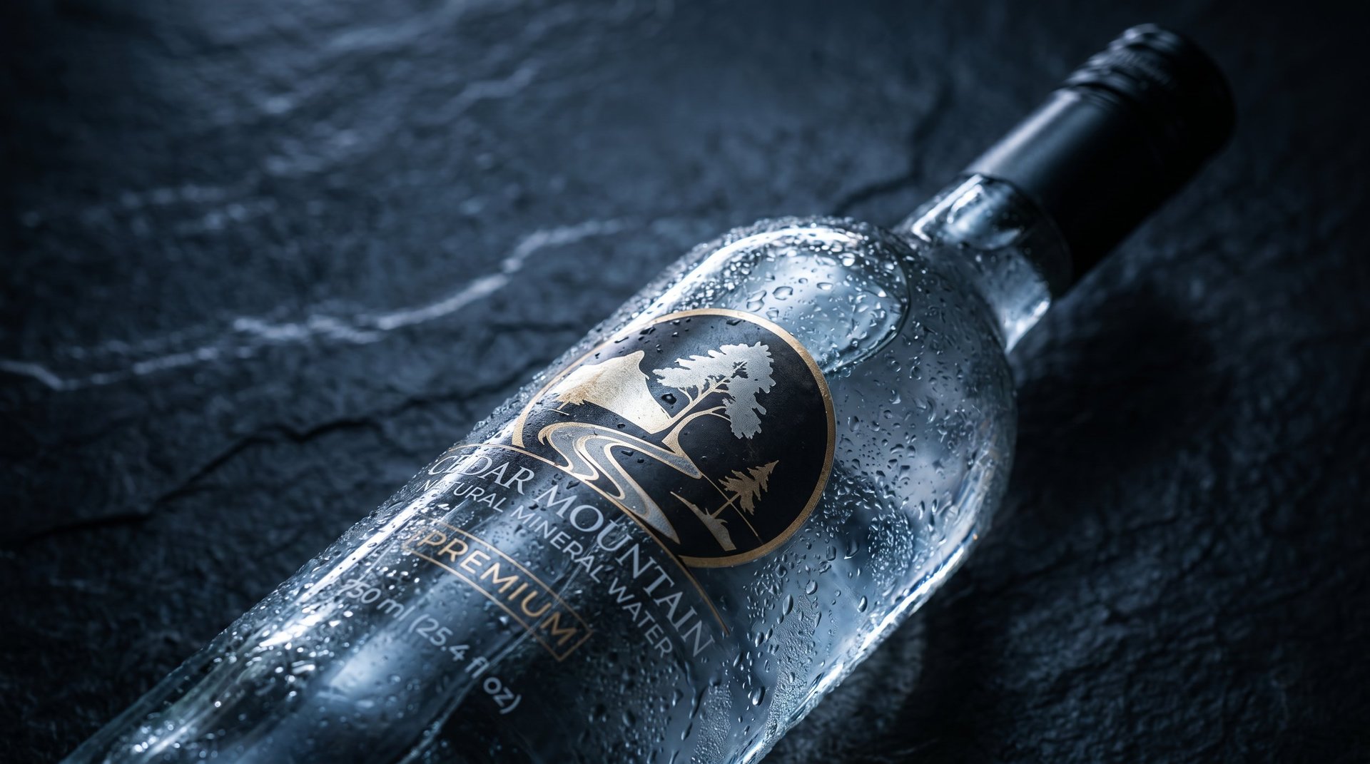 Cedar Mountain premium water bottle with ornate label on dark textured background