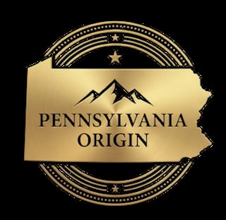 Gold Pennsylvania state map badge with Pennsylvania Origin text and mountains silhouette on circular decorative frame
